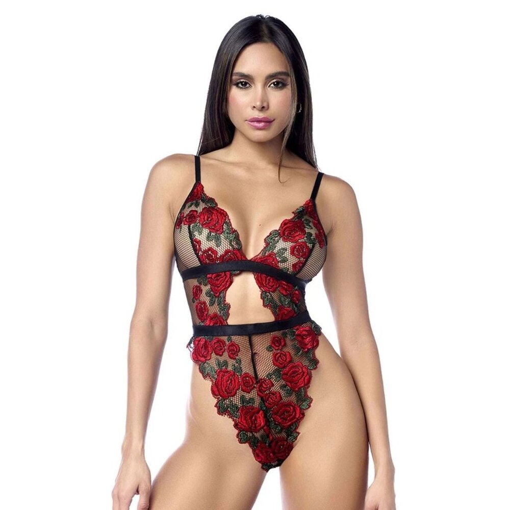 Mapale Black Red Rose Lace Teddy Bodysuit Open Back‎ S/M 8961